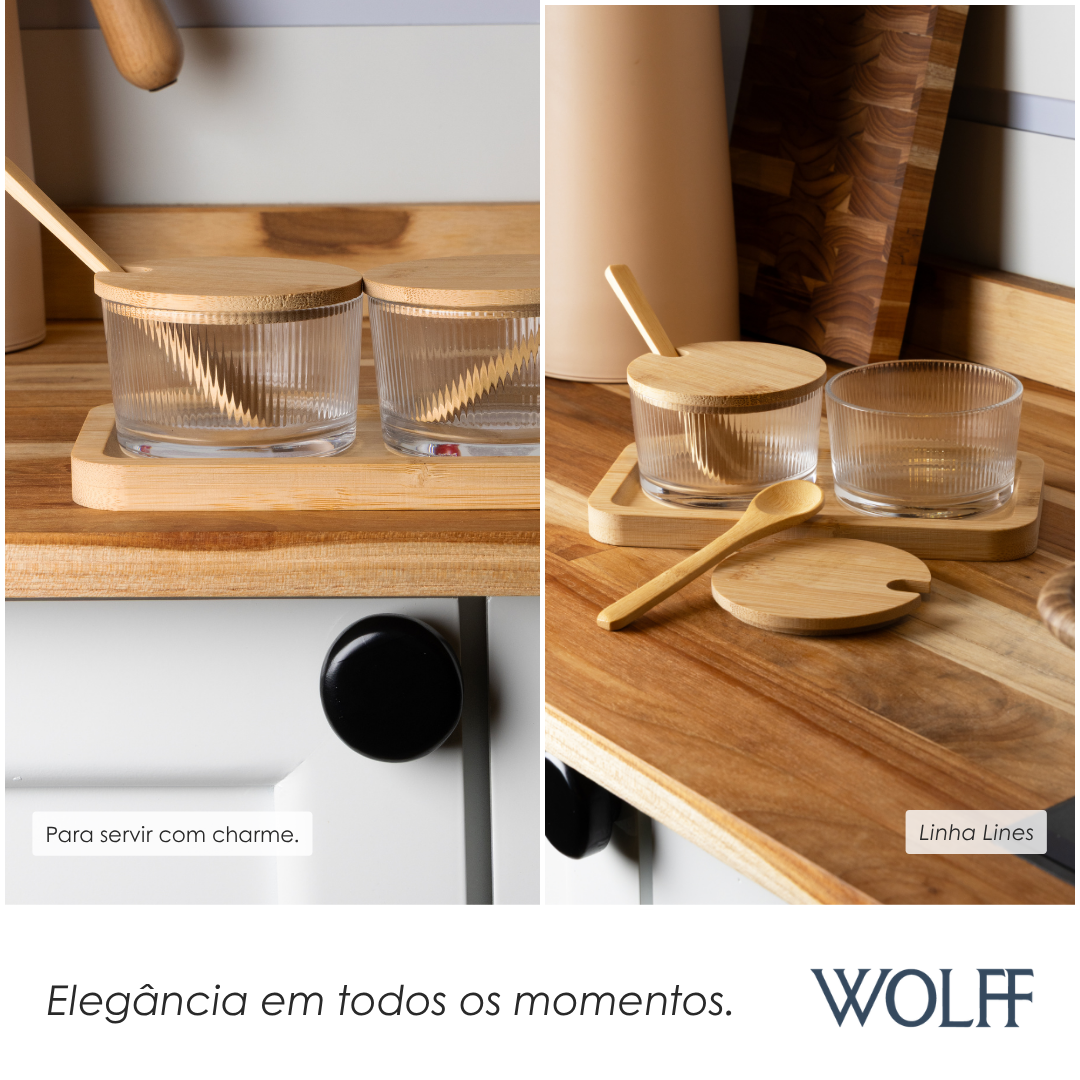 Conjunto 2 Porta Geleia com Tampa Colher e Bandeja Lines Bambu - Wolff