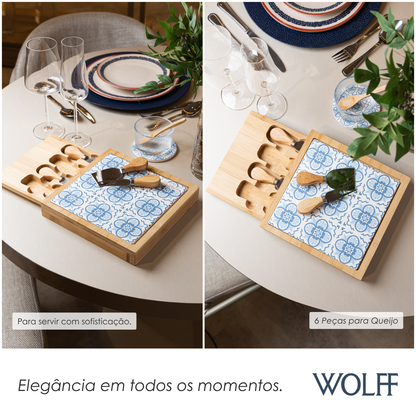 Conjunto 6 Peças para Queijo Tábua com Gaveta Mosaico 23cm x 23cm x 4cm Bambu - Wolff