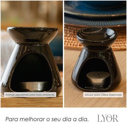 Difusor para Óleos Essenciais com Vela 8cm x 8cm x 8,5cm Preto Cerâmica - Lyor