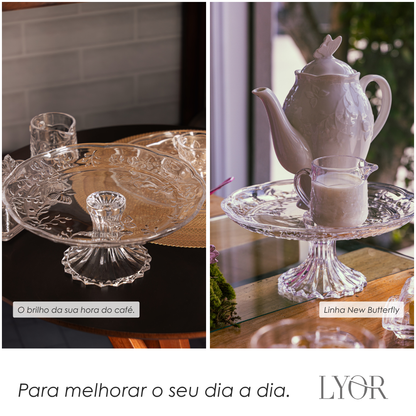 Prato para Bolo com Pé New Butterfly 26,5cm x 27cm x 12cm Cristal Ecológico - Lyor