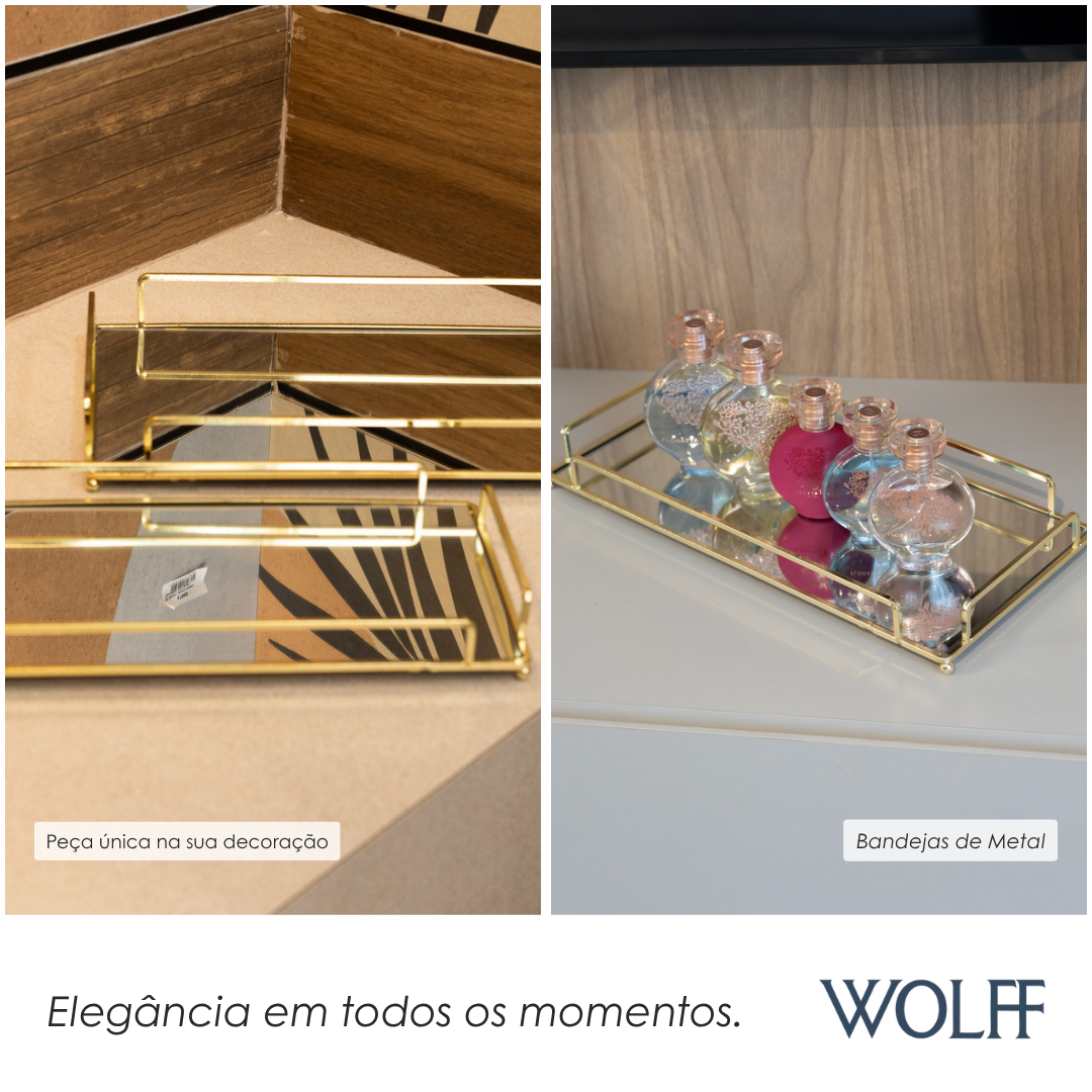 Conjunto 2 Bandejas Decorativas de Metal Dourada 36cm x 20cm x 5cm/34cm x 16cm x 4cm - Wolff