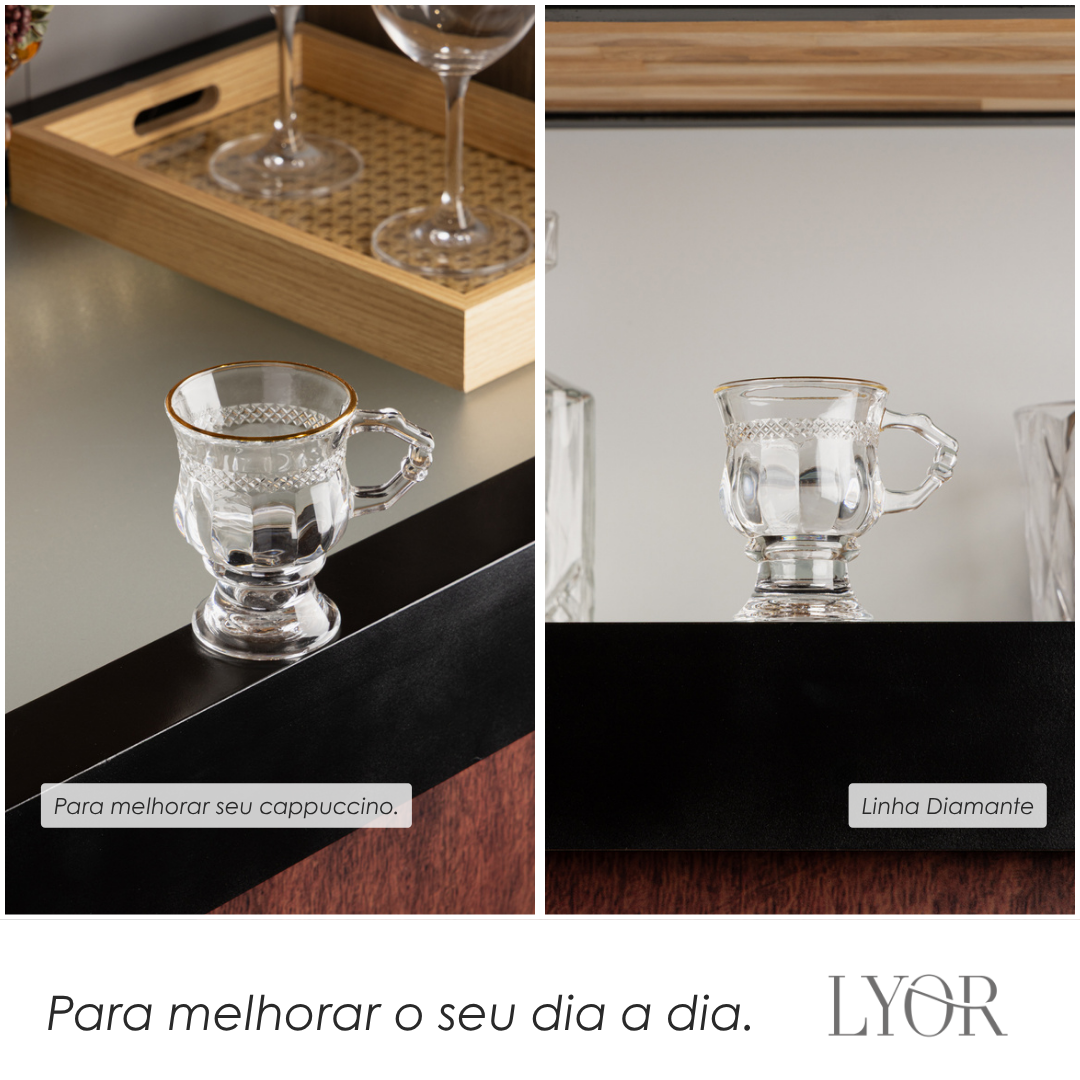 Taça de Cappuccino Diamante com Fio de Ouro 142ml Cristal Ecológico - Lyor