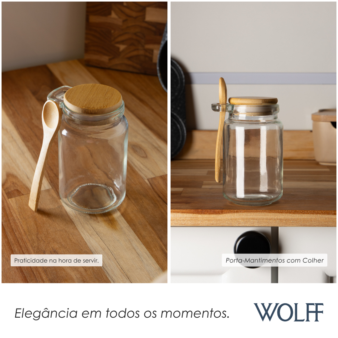 Porta Mantimentos Redondo com Colher e Tampa de Bambu 350ml Vidro - Wolff