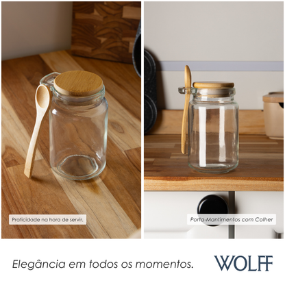 Porta Mantimentos Redondo com Colher e Tampa de Bambu 350ml Vidro - Wolff