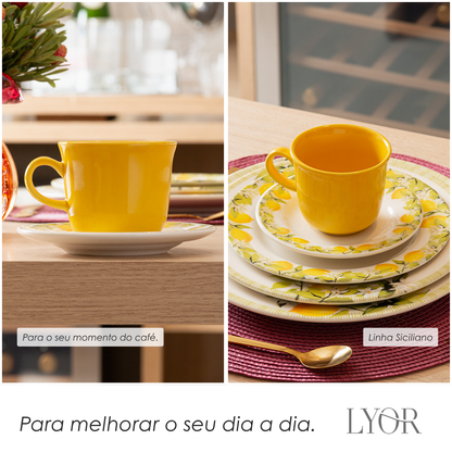 Xícara de Chá com Pires Siciliano 260ml Amarela Cerâmica - Lyor
