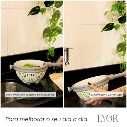 Escorredor e Centrífuga de Plástico para Saladas Branco e Cinza 30cm x 21cm x 12cm - Lyor