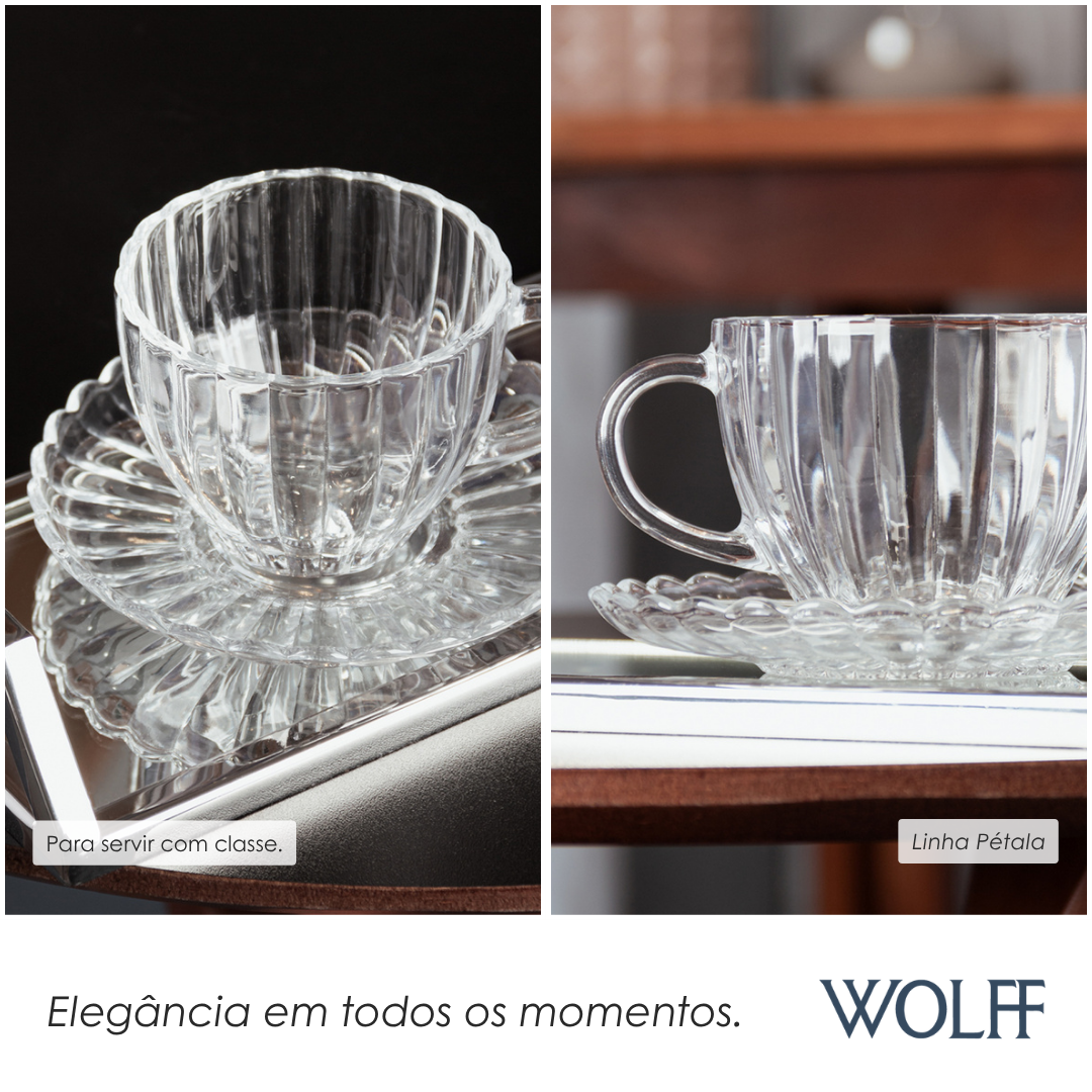 Conjunto 6 Xícaras de Chá de Vidro com Pires Pétala 200ml - Wolff