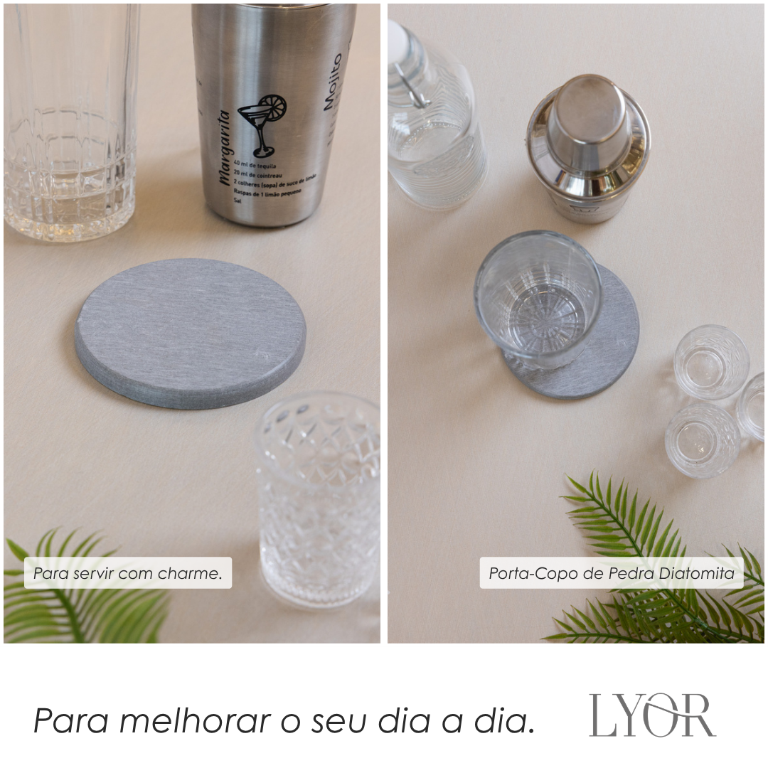 Conjunto 2 Porta Copos 10cm Cinza Pedra Diatomita - Lyor