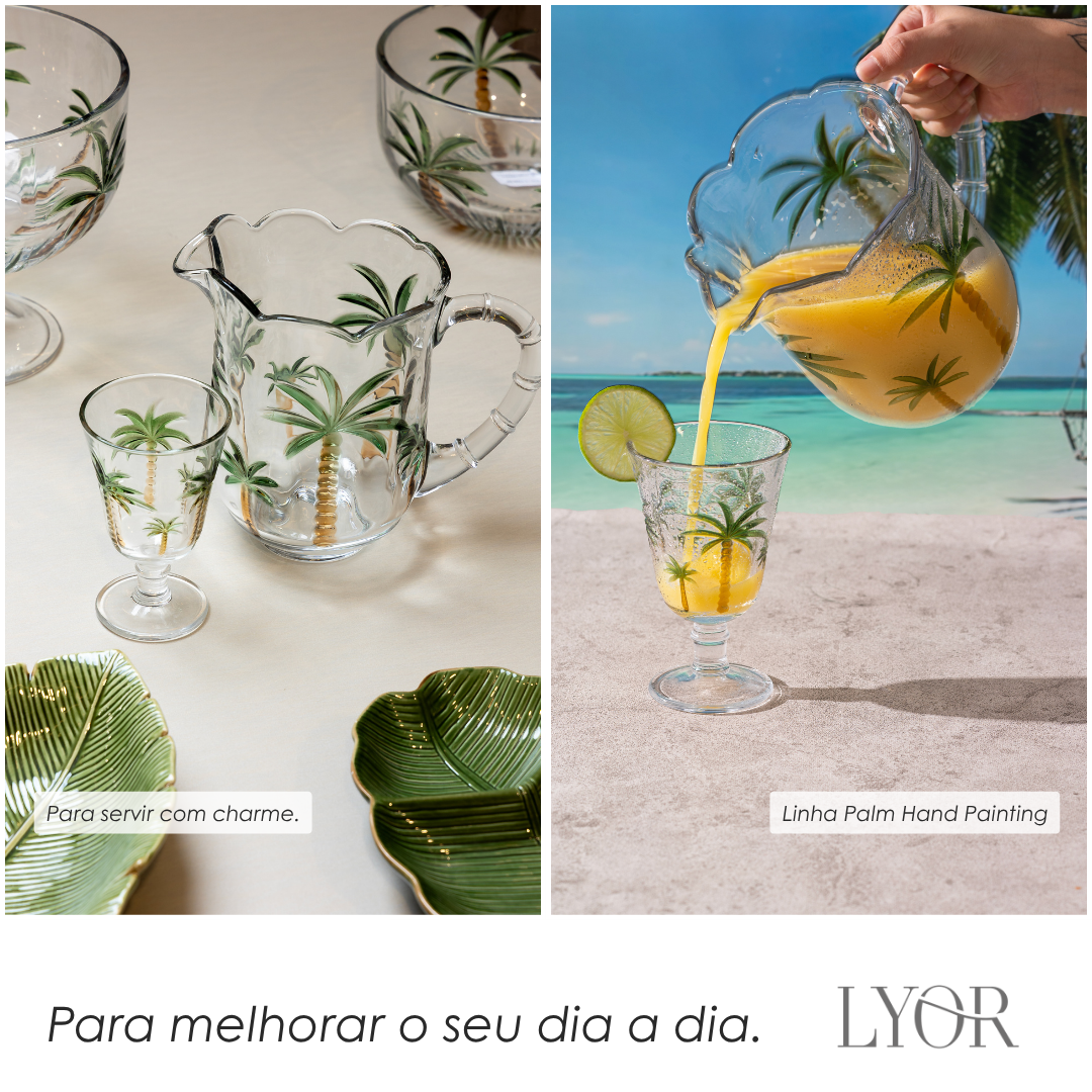 Conjunto Jarra com 6 Taças Palm Hand Painting 1,3L/240ml Cristal Ecológico - Lyor
