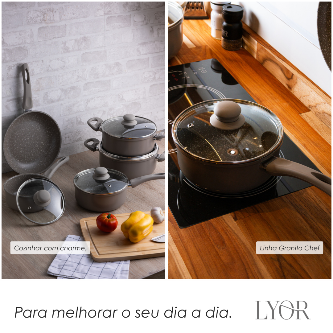 Panela de Indução Granito Chef 18cm Taupe Alumínio com Revestimento Cerâmico e Tampa de Vidro - Lyor