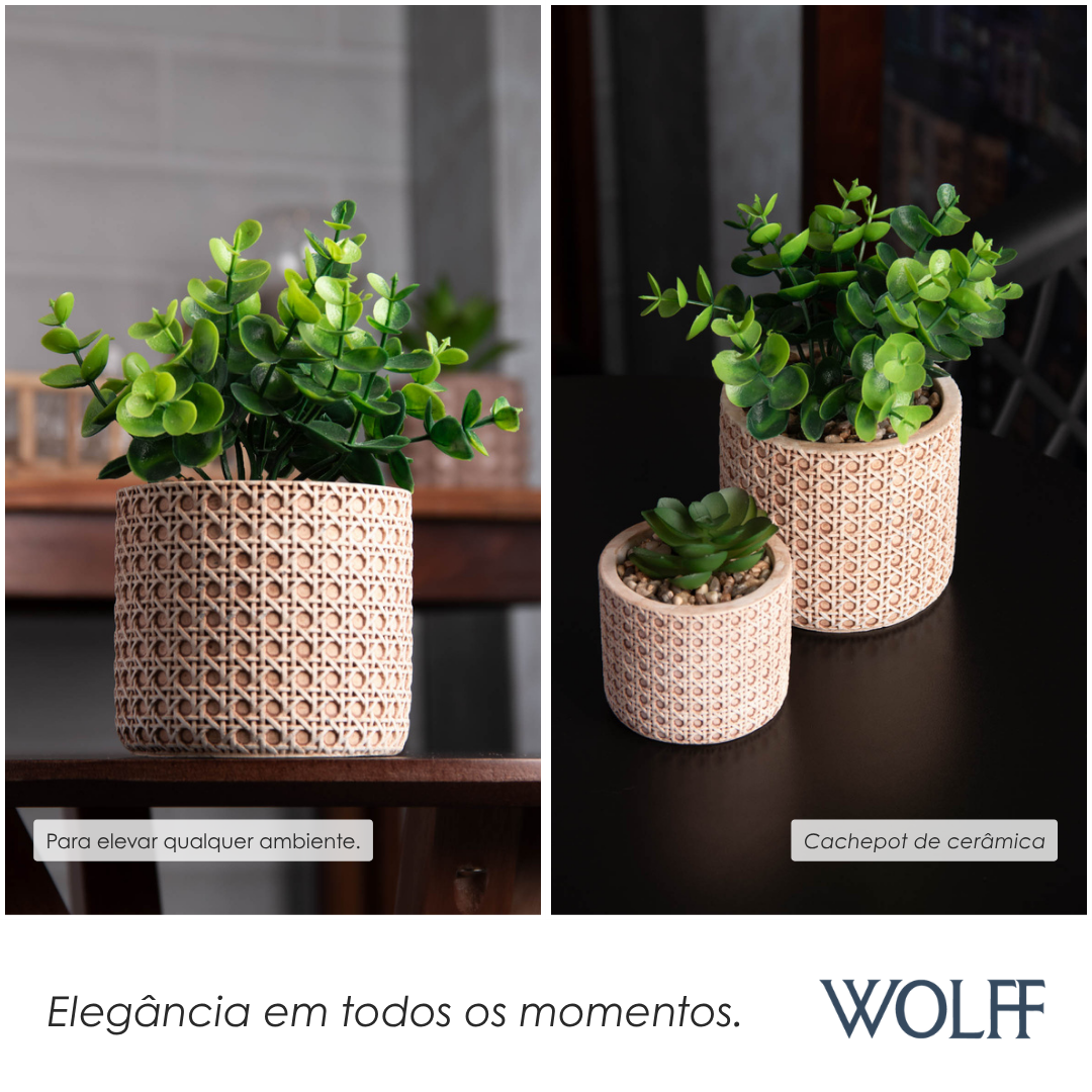 Cachepot de Cerâmica com Suculenta Treliça 10cm x 10cm X 18cm - Wolff