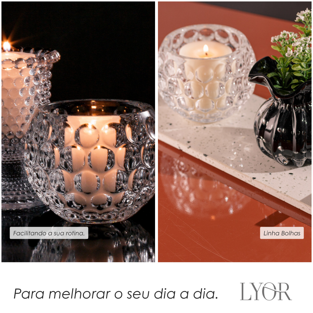 Porta Velas de Cristal Bolhas 11cm x 9cm - Lyor