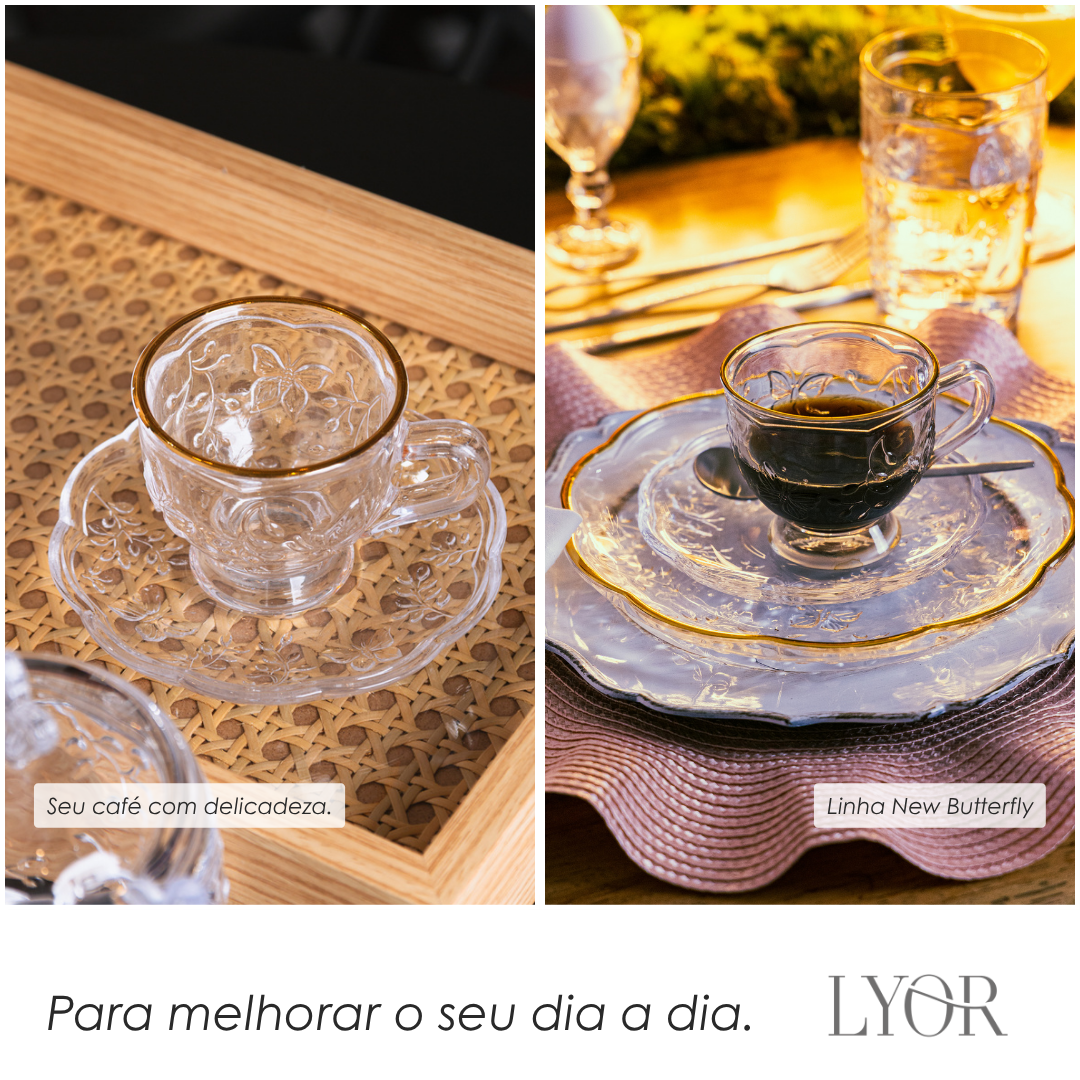 Xícara de Café com Pires New Butterfly com Fio de Ouro 80ml Cristal Ecológico - Lyor