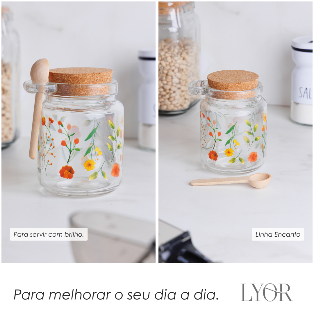 Pote Redondo com Tampa e Colher Encanto 250ml Vidro - Lyor