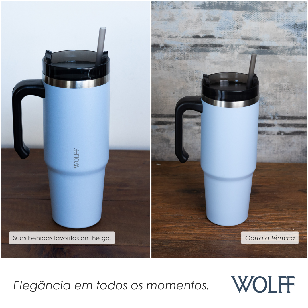 Copo Térmica Parede Dupla SlimTerm e Canudo Azul 890ml - Wolff