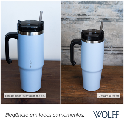 Copo Térmica Parede Dupla SlimTerm e Canudo Azul 890ml - Wolff