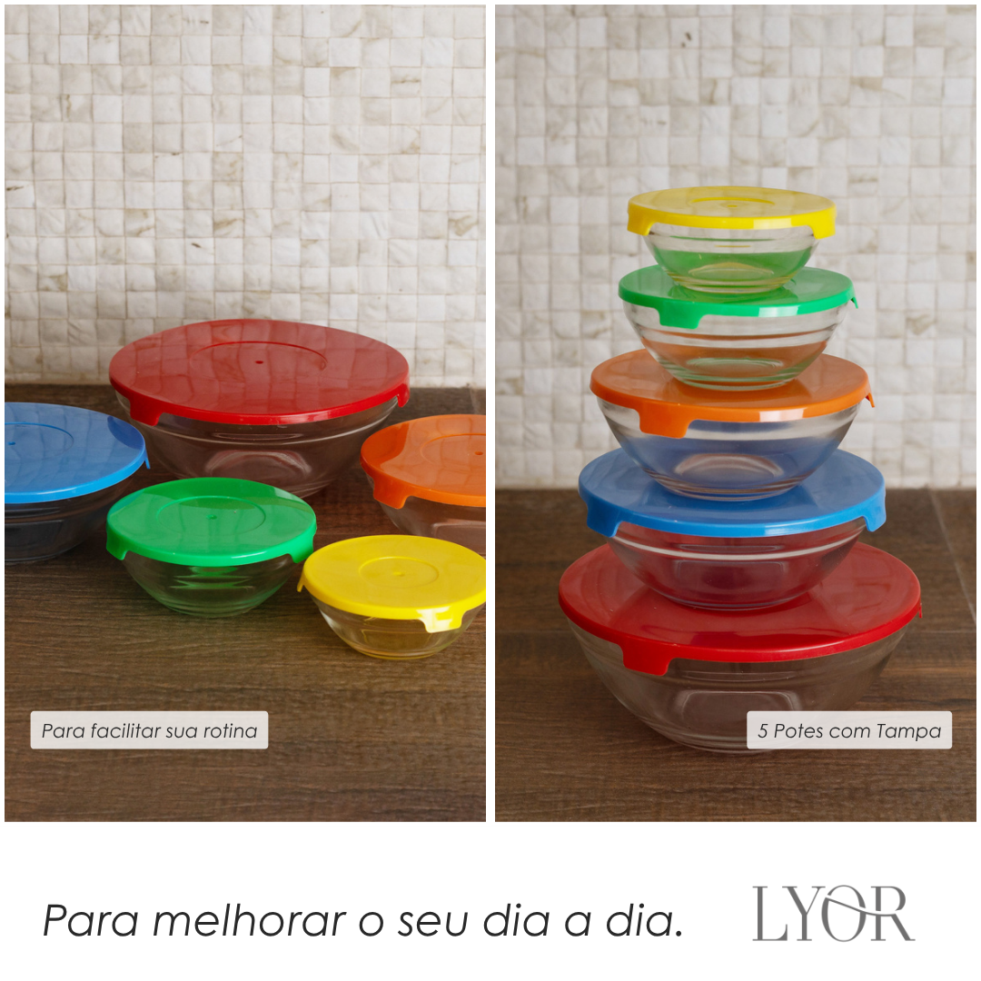 Conjunto 5 Tigelas de Vidro com Tampa de Plástico - Lyor
