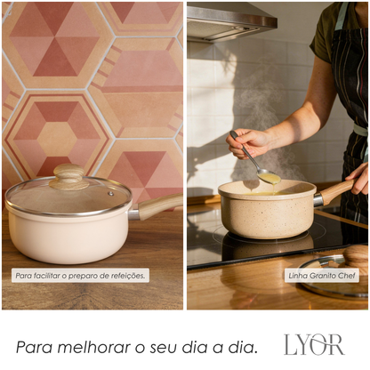 Panela de Indução em Alumínio com Revestimento Cerâmico Tampa de Vidro Granito Chefe Bege 18cm Lyor