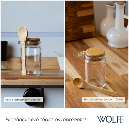 Porta Mantimentos Redondo com Colher e Tampa de Bambu 140ml Vidro - Wolff