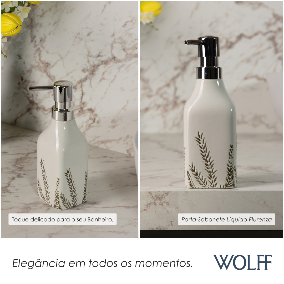 Porta Sabonete Líquido com Pump Prata Flurenza 330ml Branco Cerâmica - Wolff