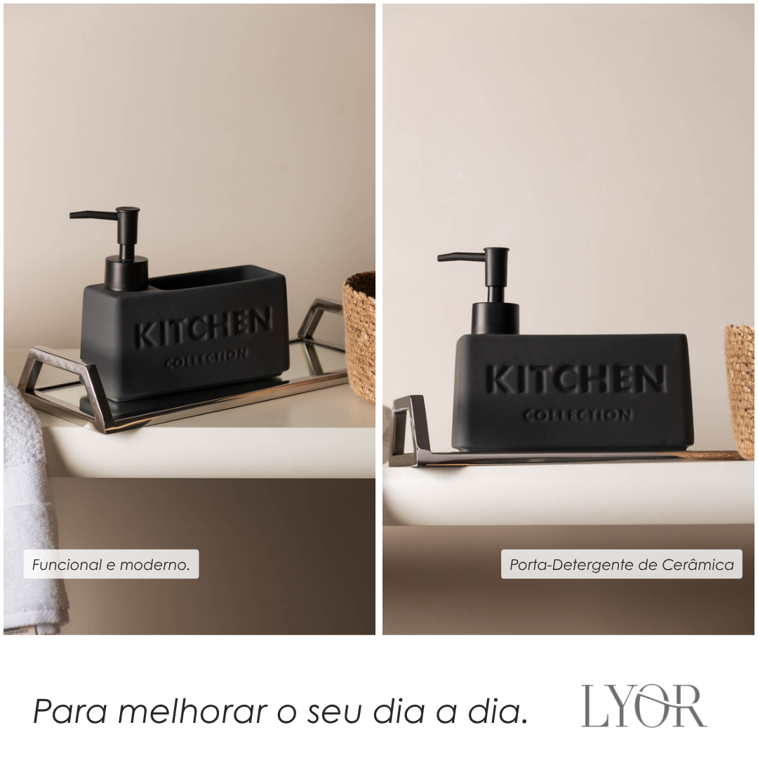 Porta Detergente Líquido com Suporte para Esponja Soft Touch Cinza 380ml Cerâmica - Wolff