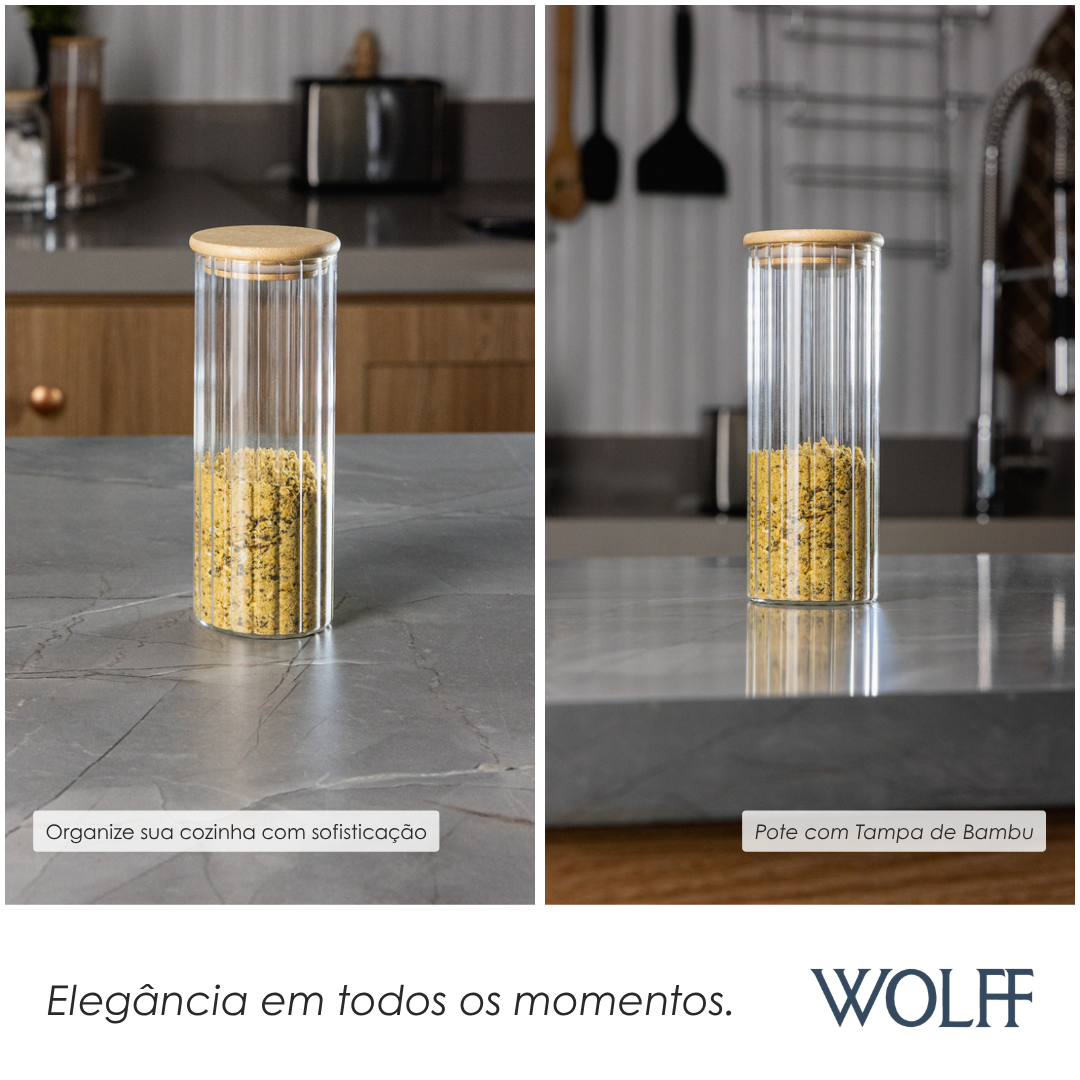 Porta Mantimento com Tampa de Bambu Canelado 300ml Vidro Borossilicato – Wolff