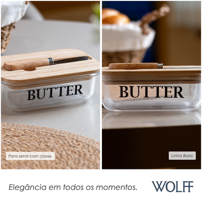 Manteigueira com Espátula e Tampa de Bambu Basic 15cm x 11cm x 5cm Vidro – Wolff