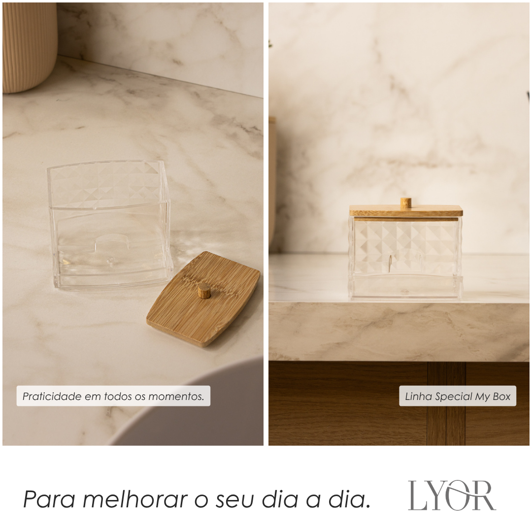 Porta Cotonete Retangular com Tampa de Bambu Special My Box  9cm x 7,5cm x 8,5cm Plástico - Lyor