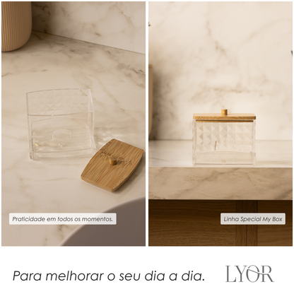 Porta Cotonete Retangular com Tampa de Bambu Special My Box  9cm x 7,5cm x 8,5cm Plástico - Lyor
