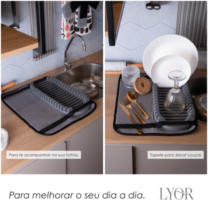 Tapete para Secar Louças com Escorredor de Pratos 43cm x 35cm x 4cm Cinza Microfibra – Lyor