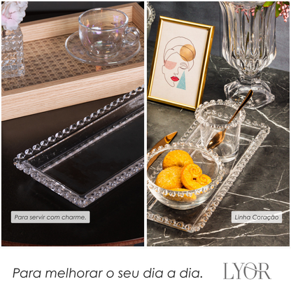 Travessa Retangular de Cristal Coração 30cm x 13cm x 3cm - Lyor