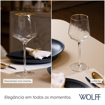 Conjunto 2 Taças de Vinho Taj com Fio De Ouro 600ml Cristal Ecológico - Wolff