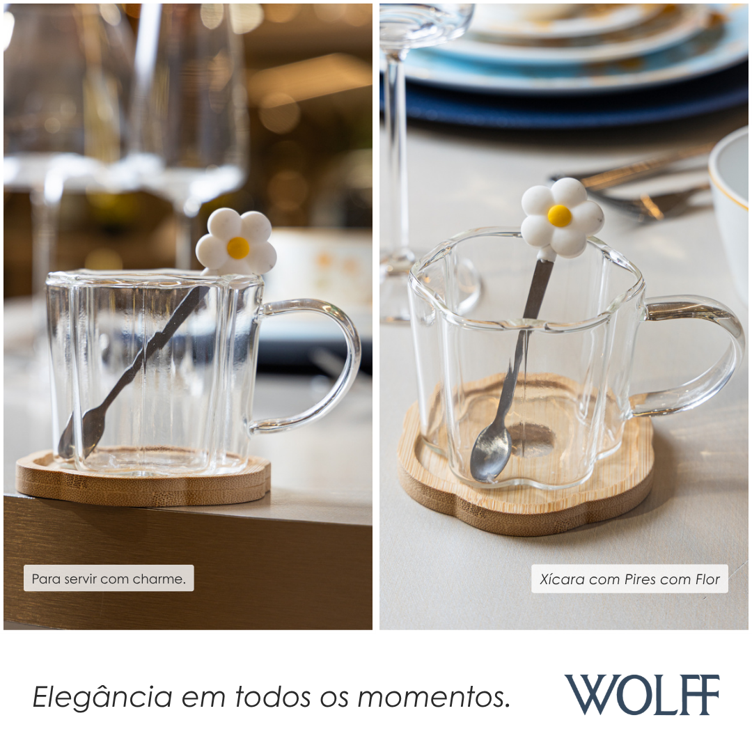 Xícara de Chá com Pires e Colher com Flor Amarela 280ml Vidro Borossilicato - Wolff