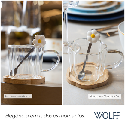 Xícara de Chá com Pires e Colher com Flor Amarela 280ml Vidro Borossilicato - Wolff