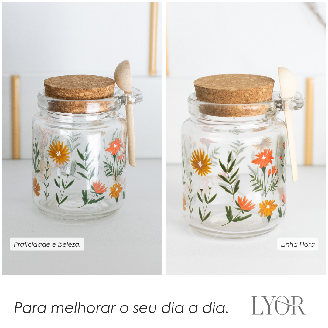 Pote Redondo de Vidro com Tampa e Colher de Bambu Flora 240ml - Lyor