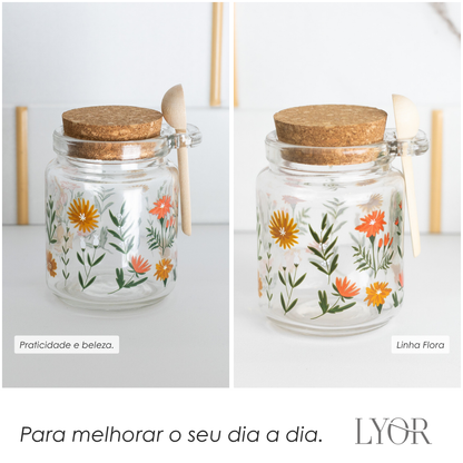 Pote Redondo de Vidro com Tampa e Colher de Bambu Flora 240ml - Lyor