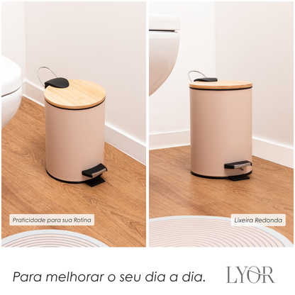 Lixeira Redonda com Tampa em Bambu e Pedal 3L Bege Aço Inox - Lyor