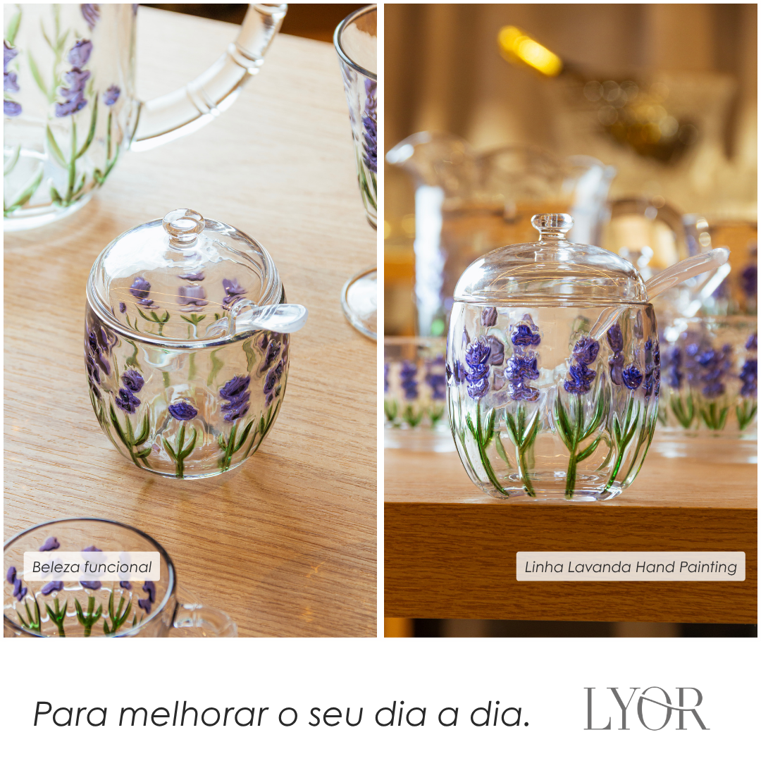 Açucareiro com Colher e Tampa Lavanda Hand Painting 8,5cm x 11,3cm Cristal Ecológico - Lyor