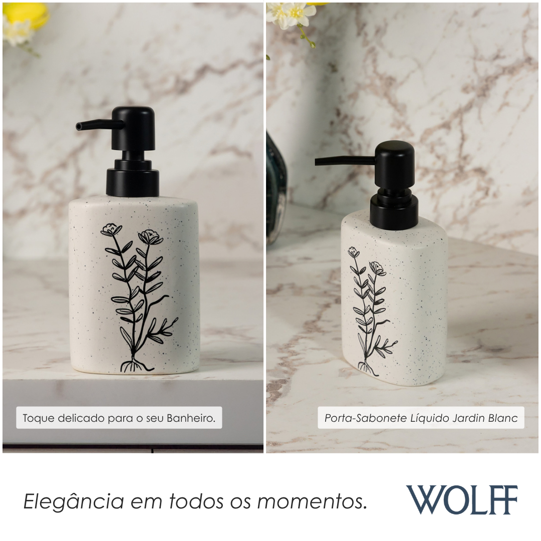 Porta Sabonete Líquido com Pump Preto Jardin Blanc 330ml Branco Cerâmica - Wolff