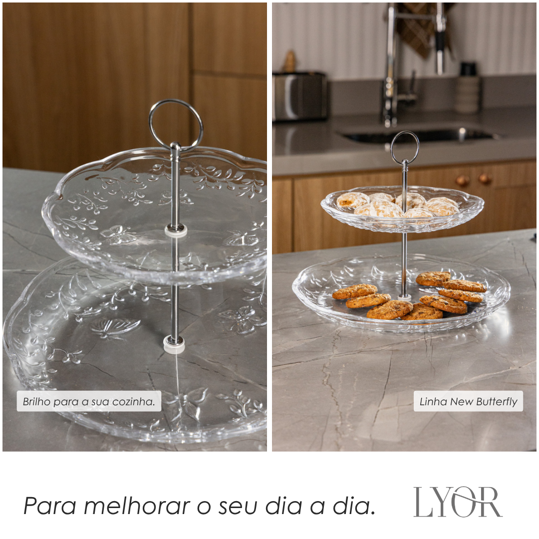 Prato para Doce 2 Andares New Butterfly 20cm/26cm Cristal Ecológico - Lyor