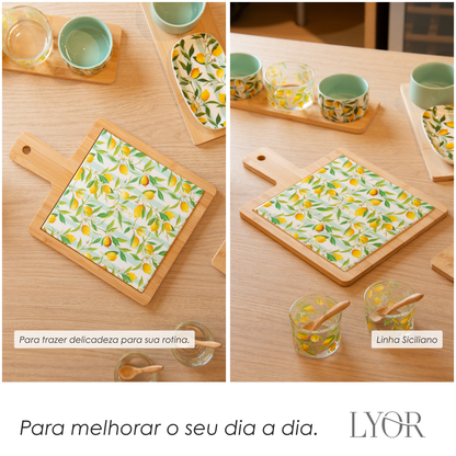 Conjunto 3 Peças para Queijo Tábua com Bandeja Faca Dourada Siciliano 17cm x 29cm x 1,2cm Bambu Lyor