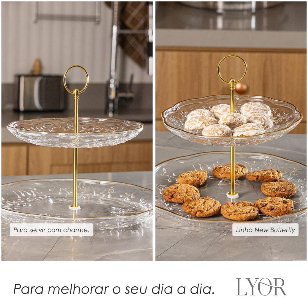Prato para Doce 2 Andares New Butterfly com Fio de Ouro 20cm/26cm Cristal Ecológico - Lyor