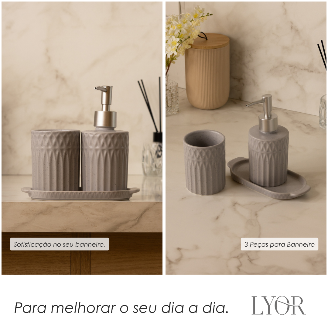 Conjunto 3 Peças para Banheiro Pillars Cinza Cerâmica - Lyor