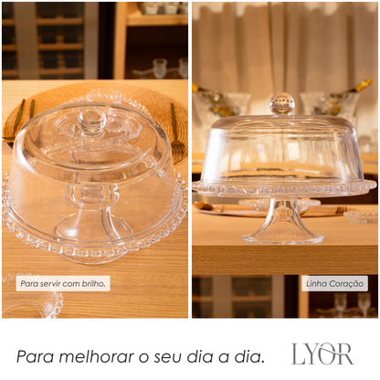 Prato para Bolo com Pé e Tampa Coração 25,5cm x 29cm Cristal - Lyor