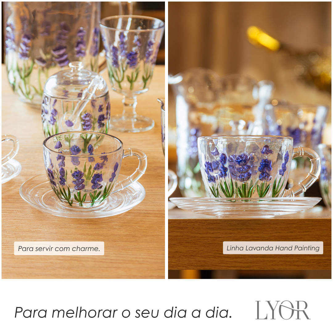 Xícara de Chá com Pires Lavanda Hand Painting 220ml Cristal Ecológico - Lyor
