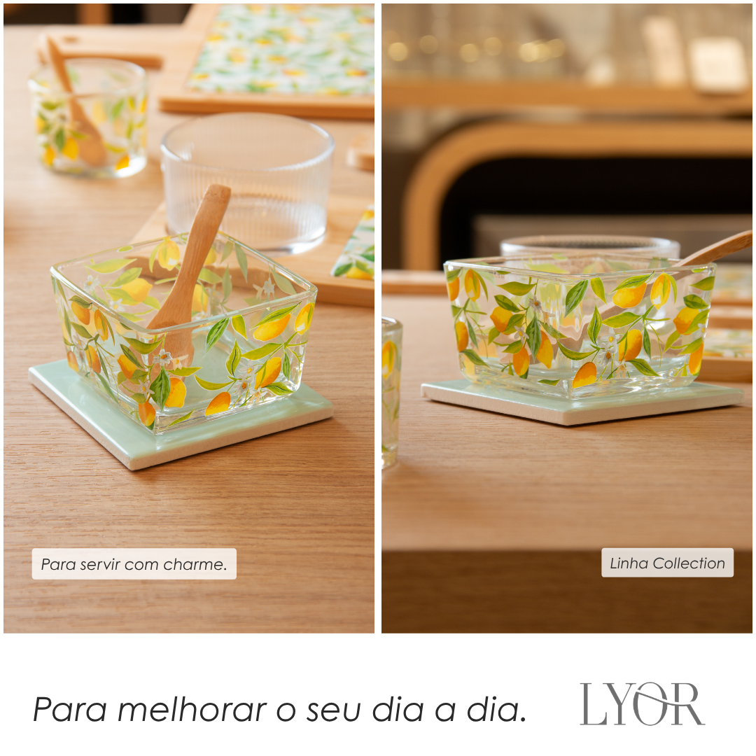 Conjunto 3 Peças Petisqueira Quadrada com Colher e Suporte Siciliano 12cm x 10cm x 6,6cm Vidro Lyor