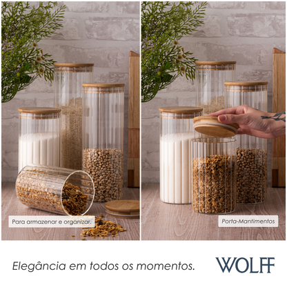 Porta Mantimento com Tampa em Bambu 950ml Vidro Borossilicato - Wolff