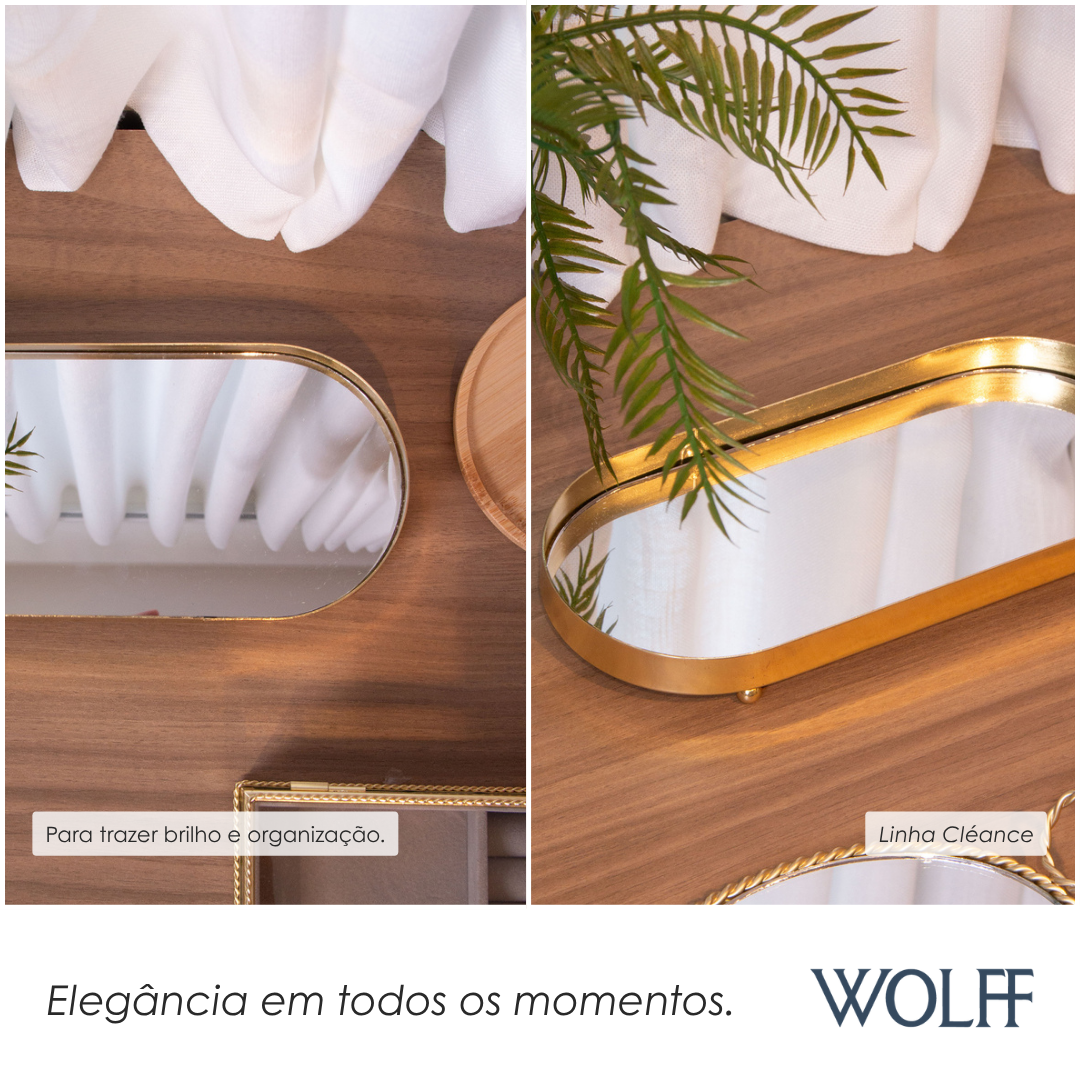 Bandeja com Espelho Cléance 26cm x 12cm x 3cm Dourada Metal - Wolff