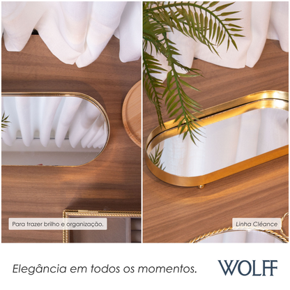 Bandeja com Espelho Cléance 26cm x 12cm x 3cm Dourada Metal - Wolff