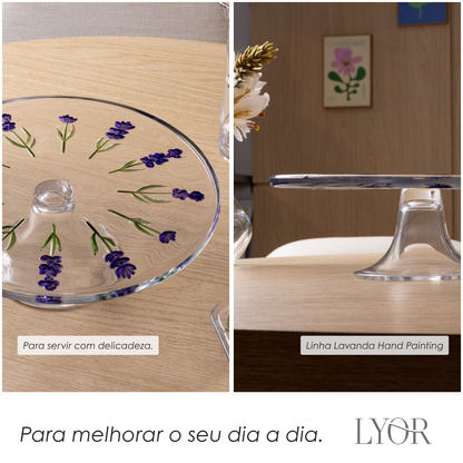 Prato para Bolo com Pé Lavanda Hand Painting 30cm Cristal - Lyor